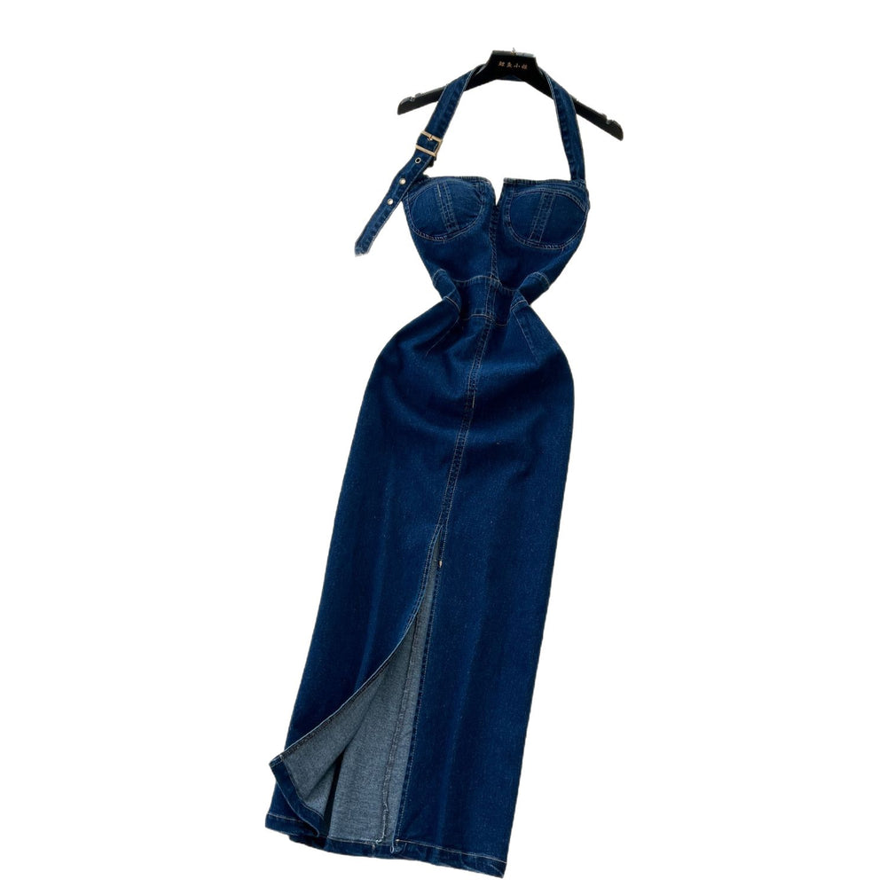 Goddess style sexy halterneck dress women's  summer clever slit waist tube top denim hip skirt