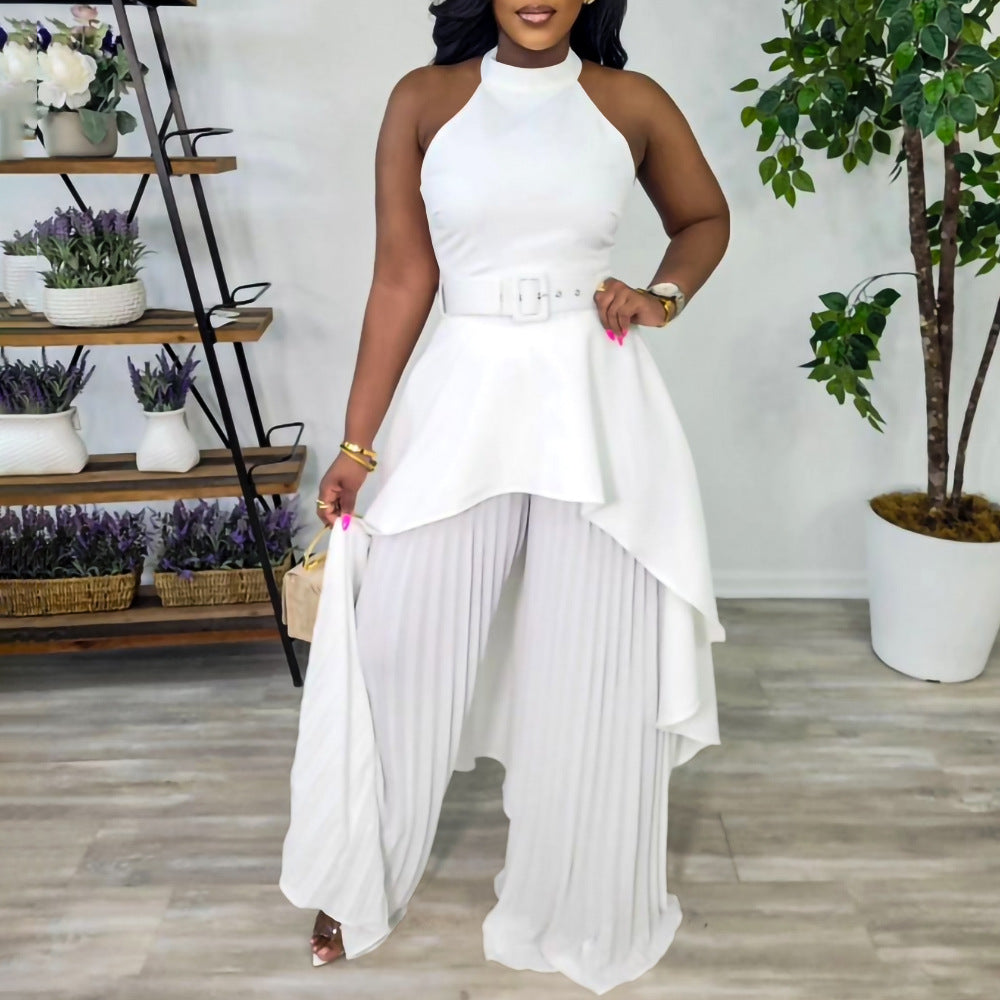 Q104 women's foreign trade   summer sleeveless top wide-leg pants casual set - stylish and elegant two-piece outfit