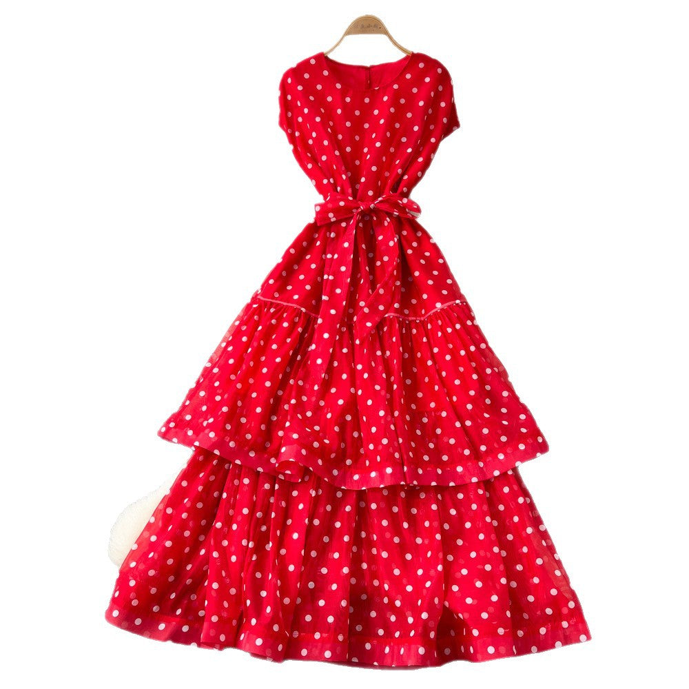 French polka dot round neck sleeveless dress women's red high waist slimming a-line dress elegant commute maxi dress