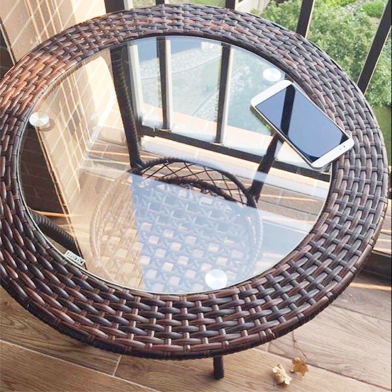 Minimalist balcony leisure storage small round table mini rattan woven tempered glass coffee table round small coffee table set