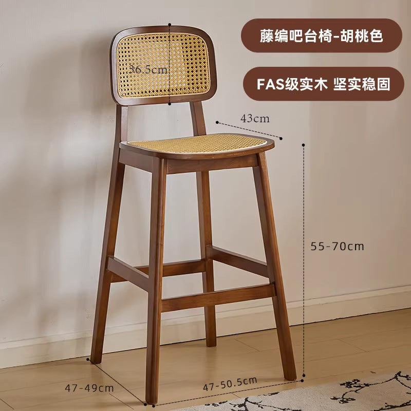 Casual modern rubber wood high bar stool wabi-sabi style rattan bar chair for home island chair other cloth dining chair