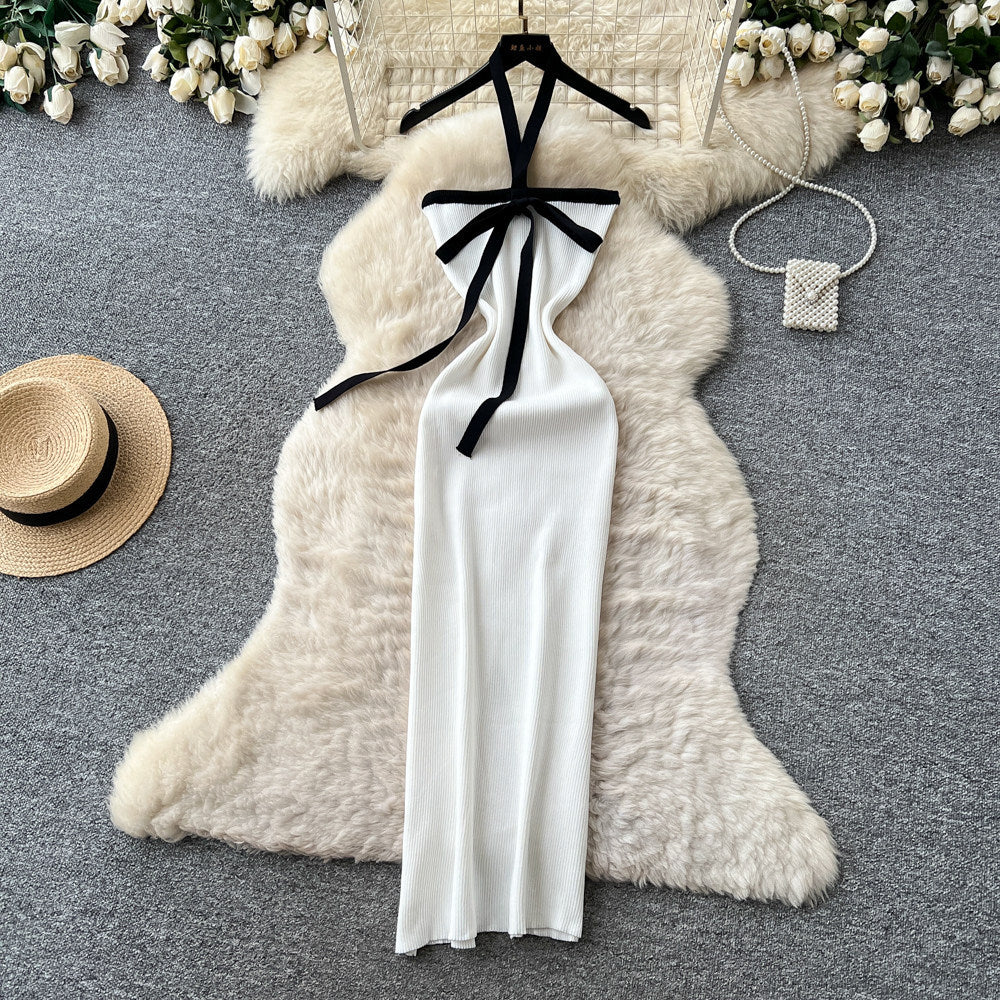 Korean style halter neck sweet & spicy girl knitted dress - women's summer bow-tie bodycon skirt - sexy vacation vibe