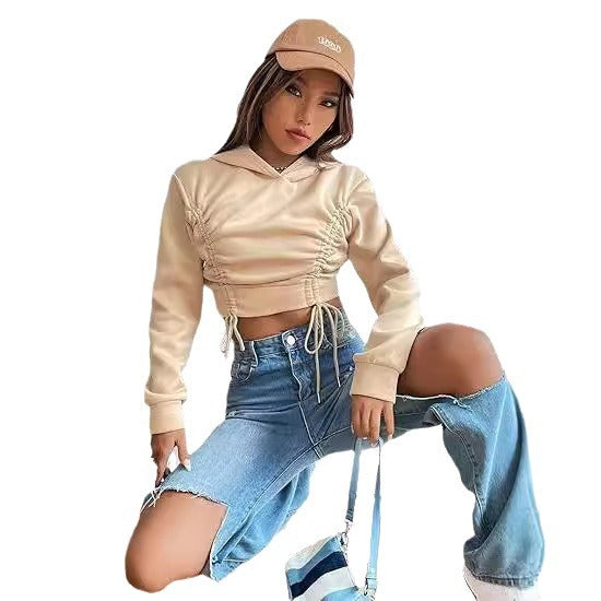 new european and american style high-waisted cropped sweatshirt with drawstring hood, solid color, versatile pullover top for women - trendy spring/autumn collection