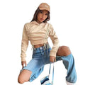 new european and american style high-waisted cropped sweatshirt with drawstring hood, solid color, versatile pullover top for women - trendy spring/autumn collection