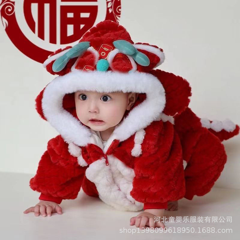 Infant and toddler festive new year's outfit, first birthday outfit, winter baby clothes, baby new year's greetings outfit, winter fleece-lined and thickened onesie