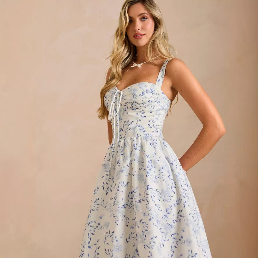 european and american cross-border french floral print a-line maxi dress