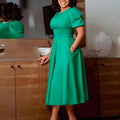 D3373  new arrivalfashionelegantelegance round neck puff sleeve large skirt mid-length exportdress