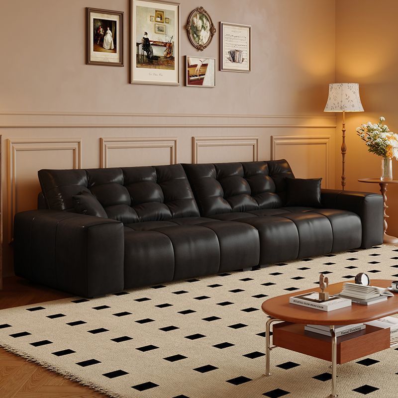 French retro style antique oil wax leather sofa, black bear sofa, modern minimalist living room sectional sofa for small spaces