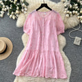 French chic yellow cutout embroidery dress - women's summer short sleeve a-line dress - elegant, slim-fit, and perfect for work