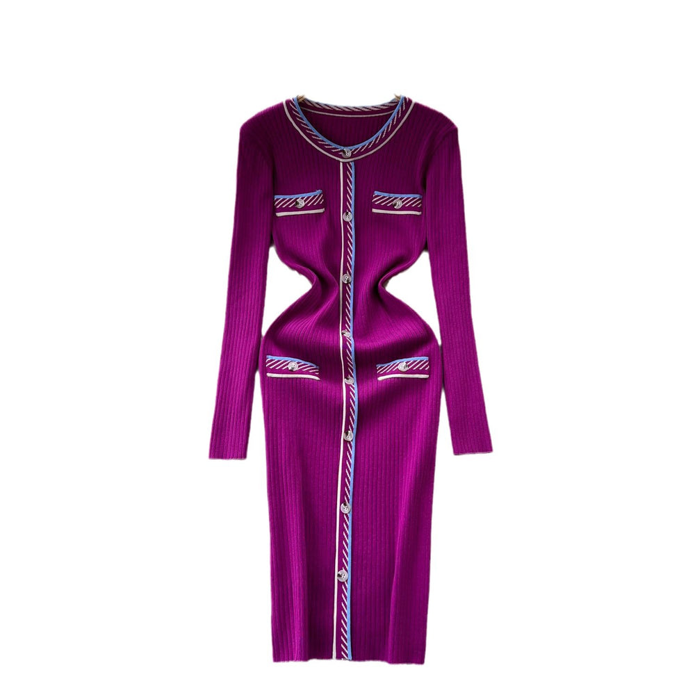 Classy small fragrance style retrocontrast color round neck button decoration waist slimming lookelegant bottom knitting shirt dress