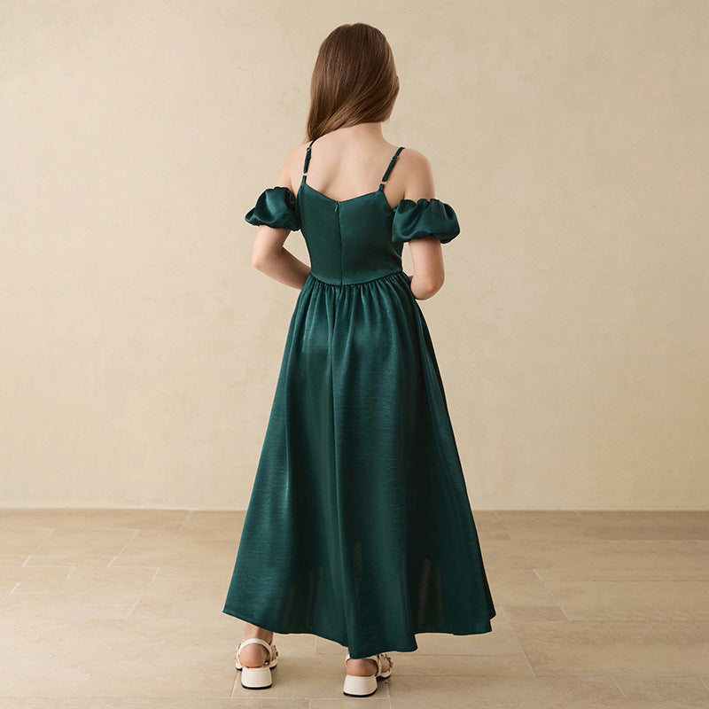 Girls' french-style formal dress, off-the-shoulder, elegant, high-end satin dress, new  one-shoulder slim-fit, cross-border export