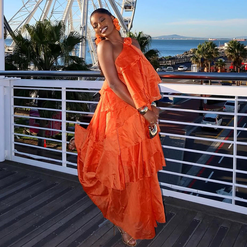 European and american cross-border women's fashion:  summer new arrivals - sexy and elegant halter neck ruffle trim asymmetrical slip dress