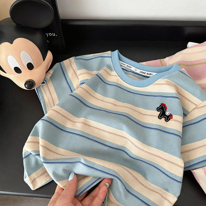 Kids' short-sleeve summer outfit : stylish lightweight summer shirt for boys, baby polo shirt with pony stripes, boys' single top
