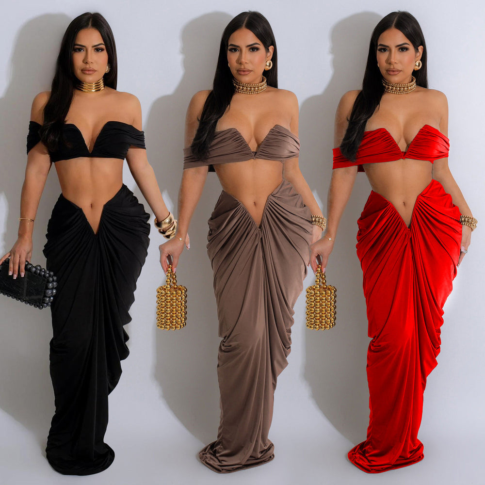 C6822 cross-border   fashion women's solid color sexy bandeau pleated skirt two-piece set