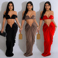 C6822 cross-border   fashion women's solid color sexy bandeau pleated skirt two-piece set