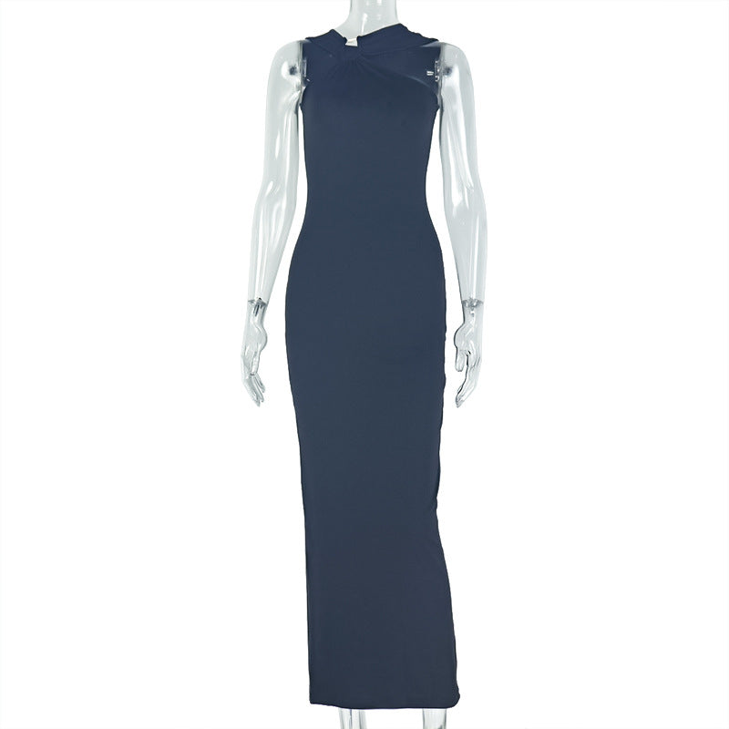 European and american cross-border elegant solid color metallic pleated bodycon halter maxi dress - fashionable asymmetrical women's clothing