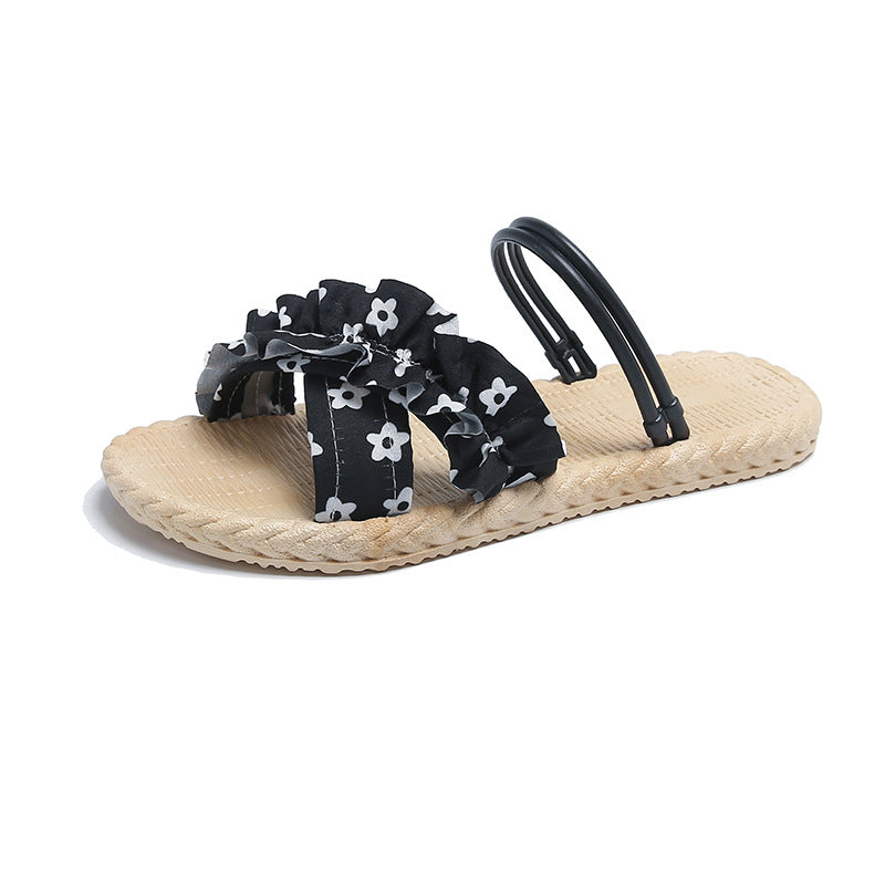 Women's summer fashion sandals: sweet floral two-wear flat sandals, versatile outdoor slippers