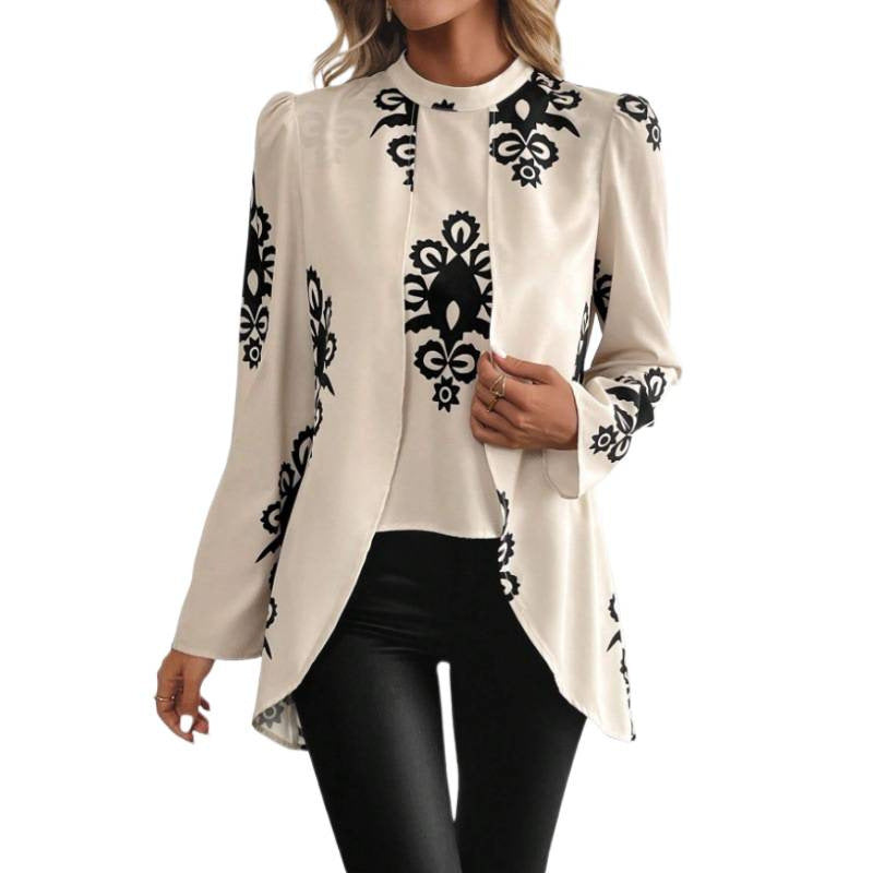 women's black floral print ribbed collar blouse with bubble sleeves and asymmetrical hem satin casual top