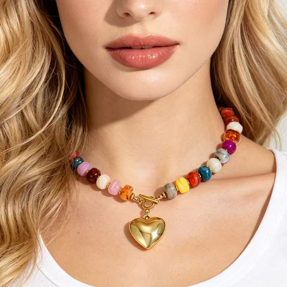 european and american bohemian colorful handmade beaded necklace for women - summer beach chic, versatile heart pendant jewelry