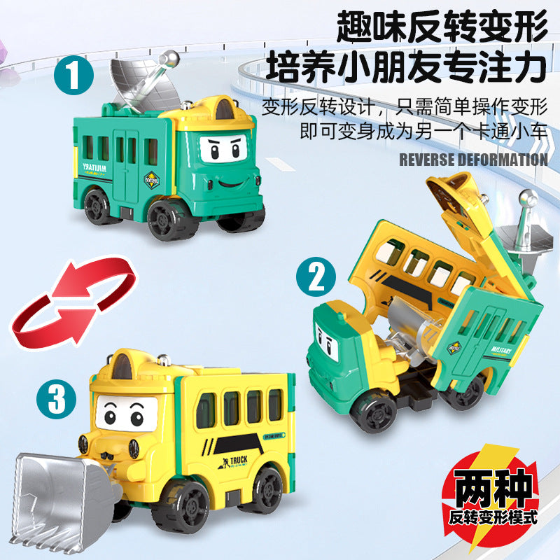 transformation reversal car, versatile kids toy car, transformation engineering vehicle, pull-back car, school bus for boys