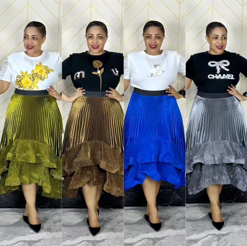 Cross-border French three-dimensional floating flower T-shirt + flash gold pleated ruffle edge long puffy skirt large size two-piece set