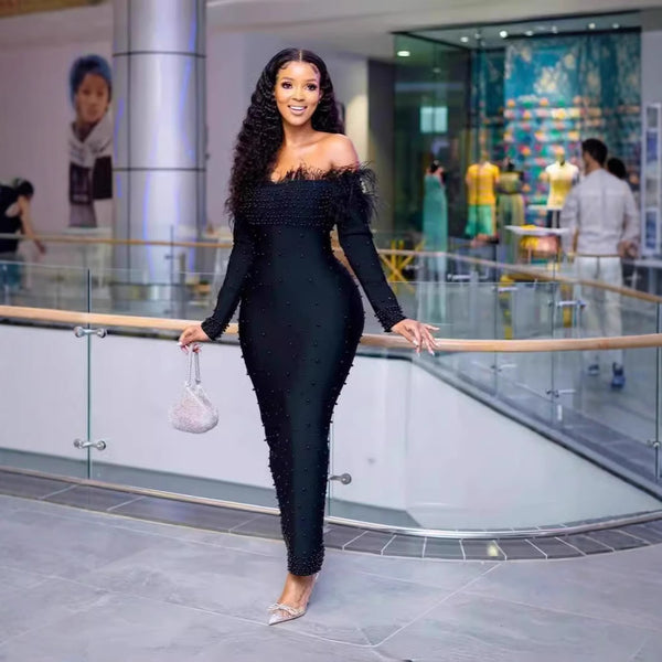 new European and American women's clothing one-word shoulder feathers beads hip wrap long dress long sleeve bandage dress evening dress