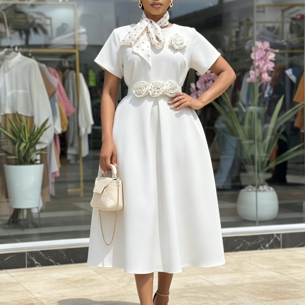 D627 women's foreign trade  summer new round neck short sleeve 3d floral large skirt elegant african dress