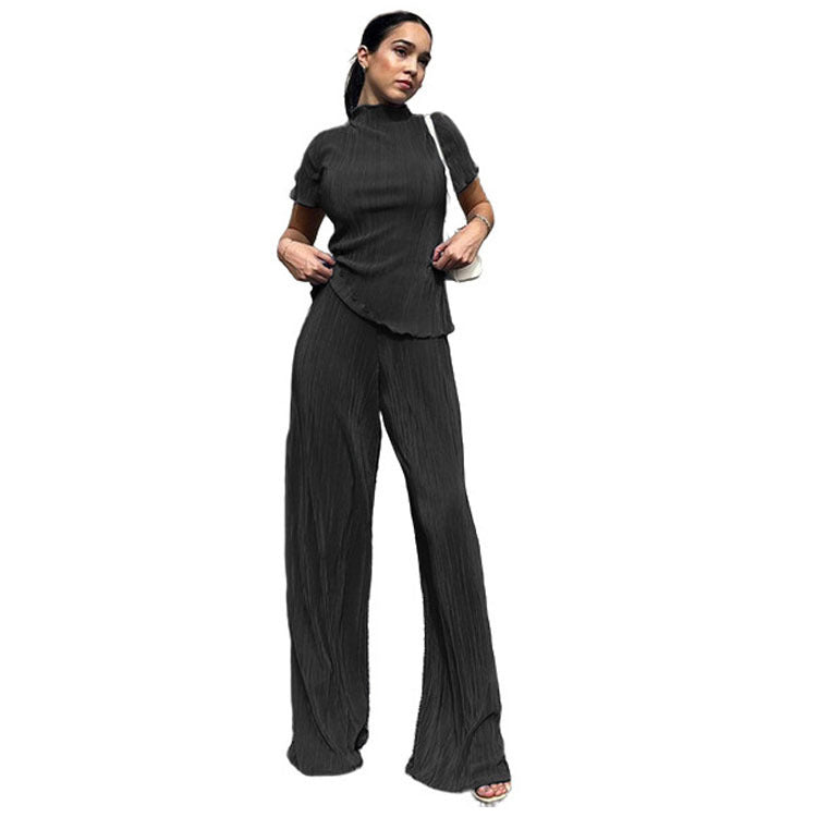 Amazon women's  spring new solid color double-layer pleated slim-fit casual short-sleeve two-piece activewear set