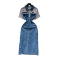 Korean style commute chic denim patchwork faux two-piece dress - women's summer short sleeve slimming a-line denim maxi dress