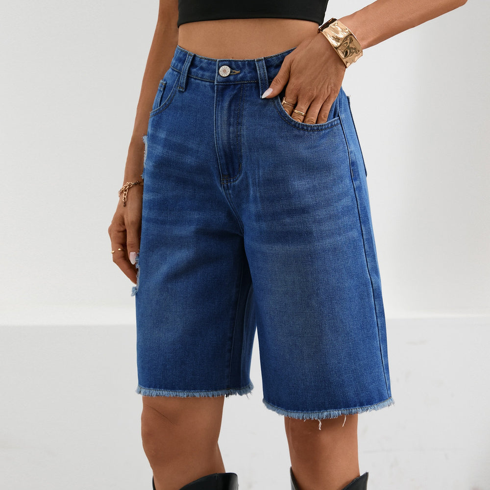 Fashion cross-border foreign trade  independent station denim ripped half-length pants  fashion raw edge tassel jeans