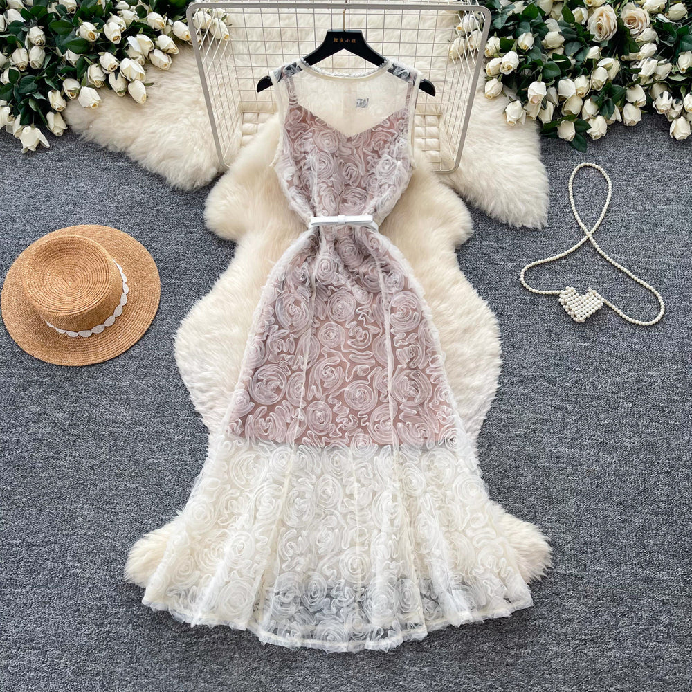 French romantic style heavy lace sleeveless dress - women's summer sheer slimming elegant long gown