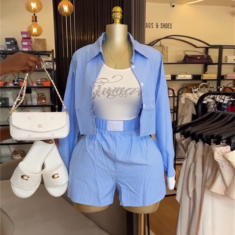 European and american style women's clothing  autumn new collection: sweet and fresh striped turn-down collar short-sleeve shirt and high-waisted slimming shorts two-piece set