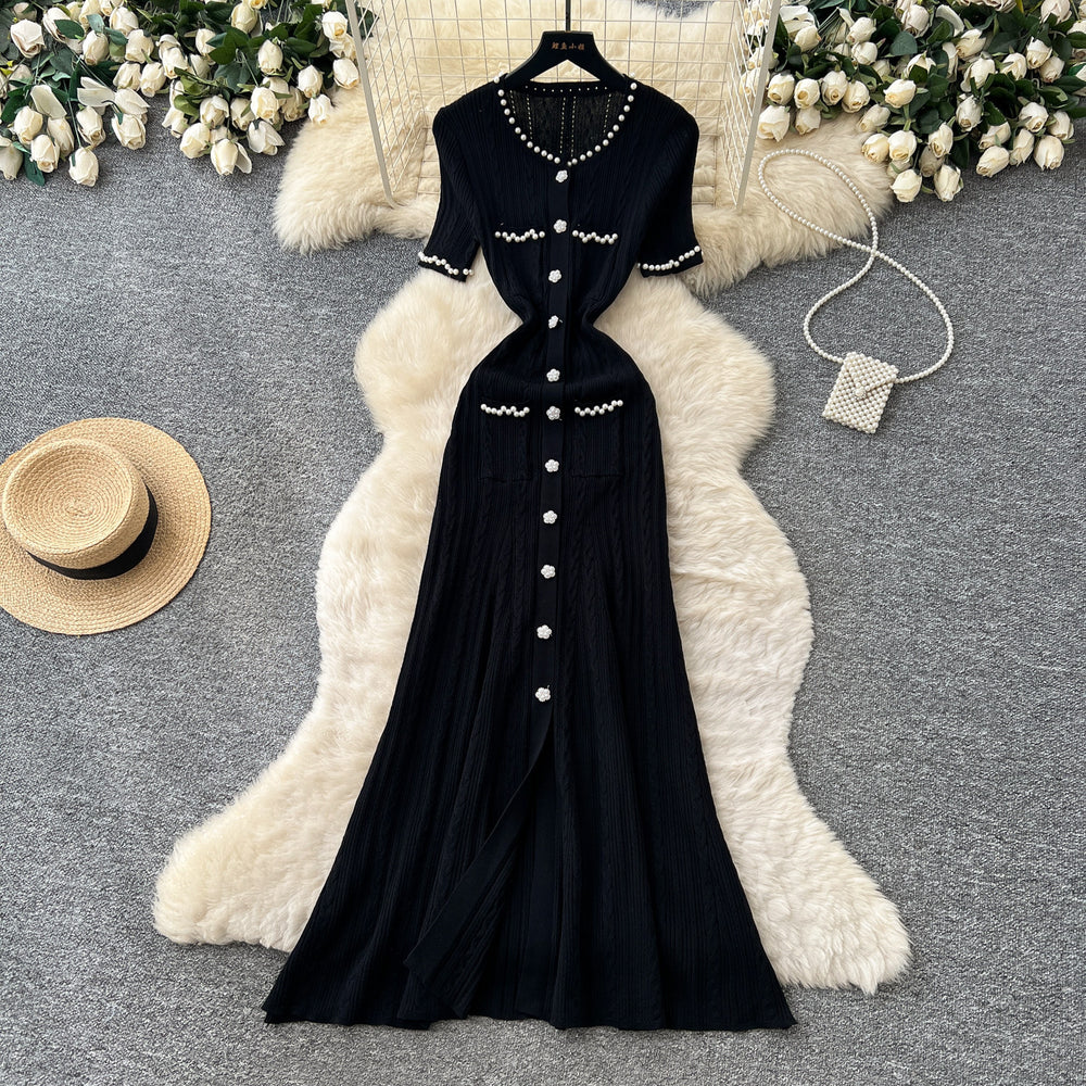 French chic single-breasted knit dress - women's summer short sleeve cutout slim fit elegant maxi dress