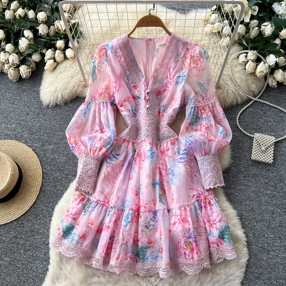 French floral long sleeve v-neck bodycon dress - slim fit, figure-flattering, high-end, elegant a-line skirt