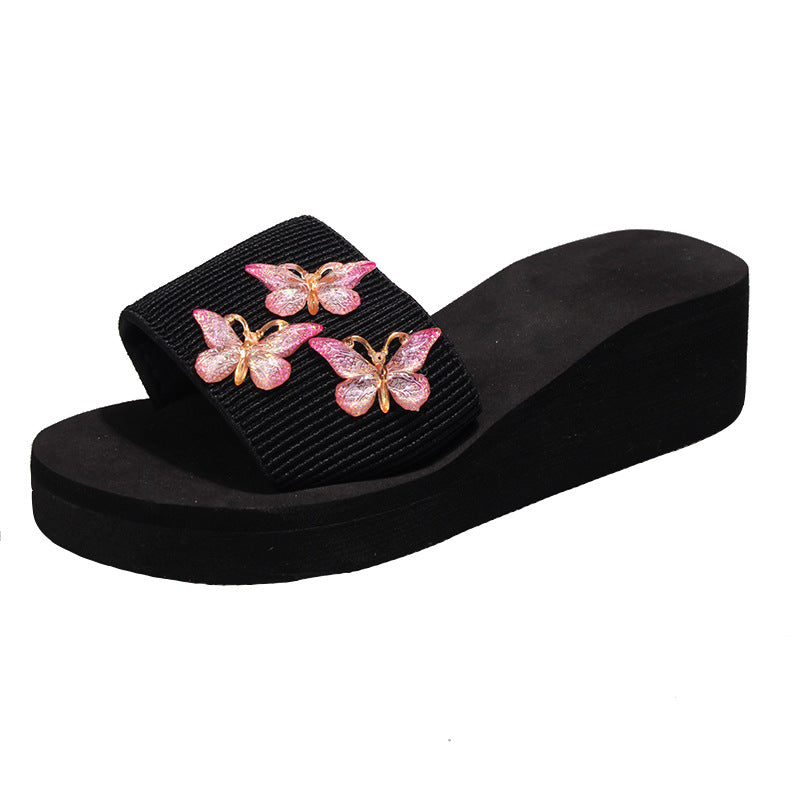 2024 summer new european and american fashion butterfly thick sole slippers women's aliexpress plus size wedge heel flat sandals