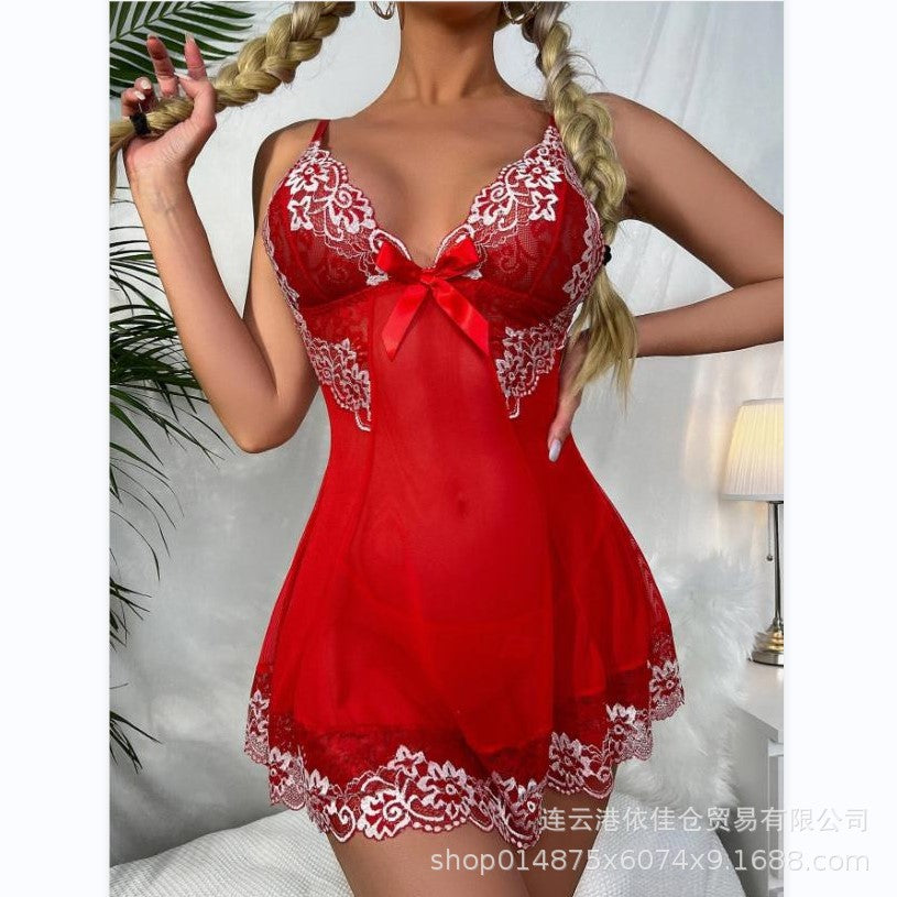 Wholesale foreign trade sexy lingerie nightwear lace mesh nightgown valentine's day red festive suspender dress
