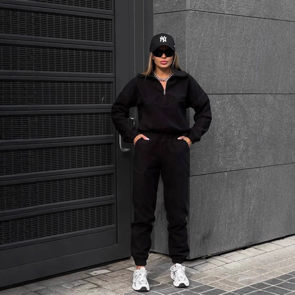 European and American  fashion sweater set women's zipper semi-cardigan jumper trousers two-piece set sports suit women