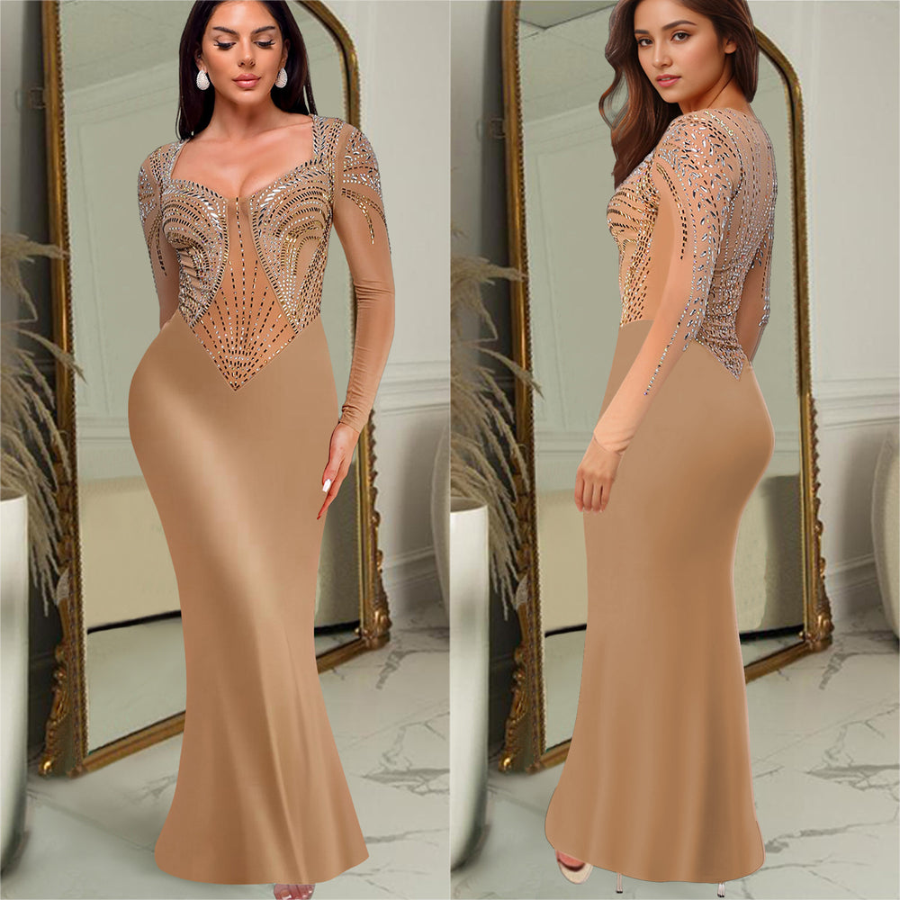 C7042 cross-border   independent station fashion women's hot diamond solid color long sleeve dress new