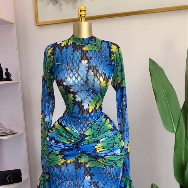 European and american women's clothing  autumn new collection: sweet and fresh printed mock neck long sleeve high waist slimming maxi dress