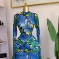 European and american women's clothing  autumn new collection: sweet and fresh printed mock neck long sleeve high waist slimming maxi dress