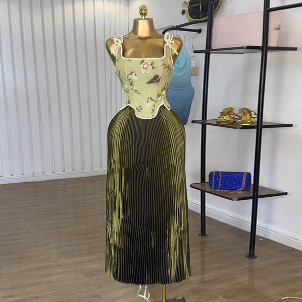 European and American  women's clothing 2025 summer new fashion bow irregular top pleated skirt set