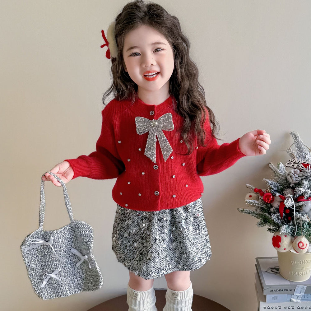 Girls' sweater french style tweed bow knittingcardiganfall and winternew arrivalsoft and sweeteasiest for matchsuit