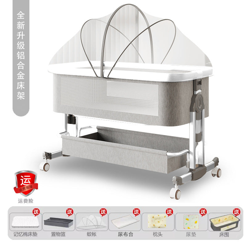 Aluminum alloy baby crib convertible to big bed, multifunctional portable folding children's bed, newborn baby bed with changing table