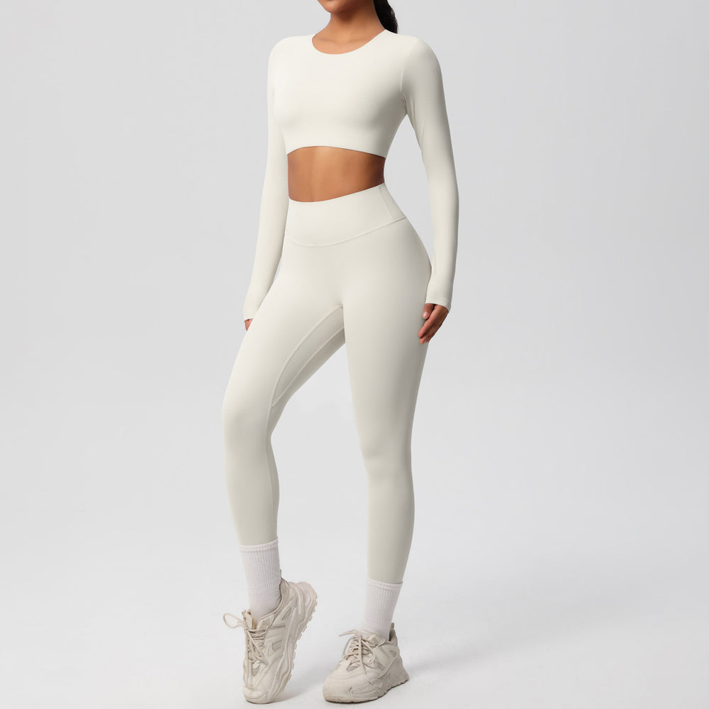 Ready-to-ship, solid-color, double-sided nylon brushed fabric, barely-there feel, form-fitting activewear yoga set for running and fitness, two-piece