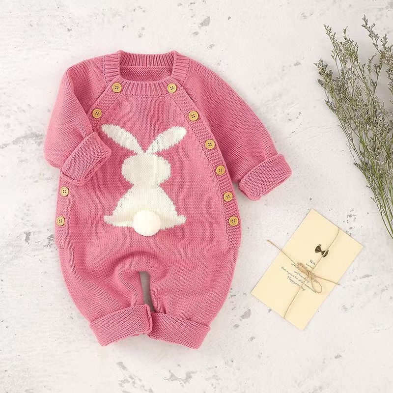 New european and american solid color baby knitted rabbit button romper outdoor wool baby jumpsuit cross-border 024