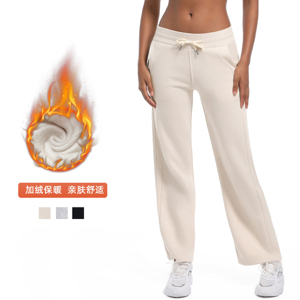 Internet celebrity fleece warm loose fashion versatile sweatpants drawstring side pocket drape wide leg fitness yoga pants women