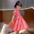 Girls'  tiktok new summer fashionable solid color princess dress with puff sleeves, hollow-out heart design, and bow detail
