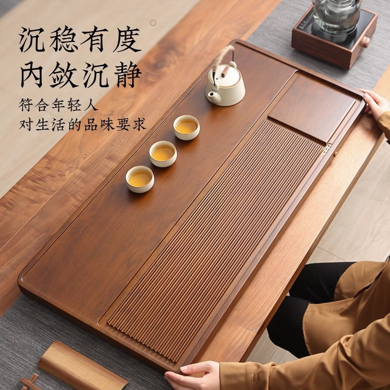 Solid wood tea tray, starting from one piece, for home, one piece, rectangular, casual office, dry tea table, kung fu style, with drainage