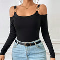 european and american women's clothing  fall/winter metallic hook long sleeve tank top ribbed knit slim fit solid color elegant top