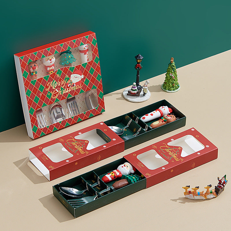 christmas spoon set - cartoon 304 stainless steel santa & reindeer spoons & forks - multi-piece gift box set
